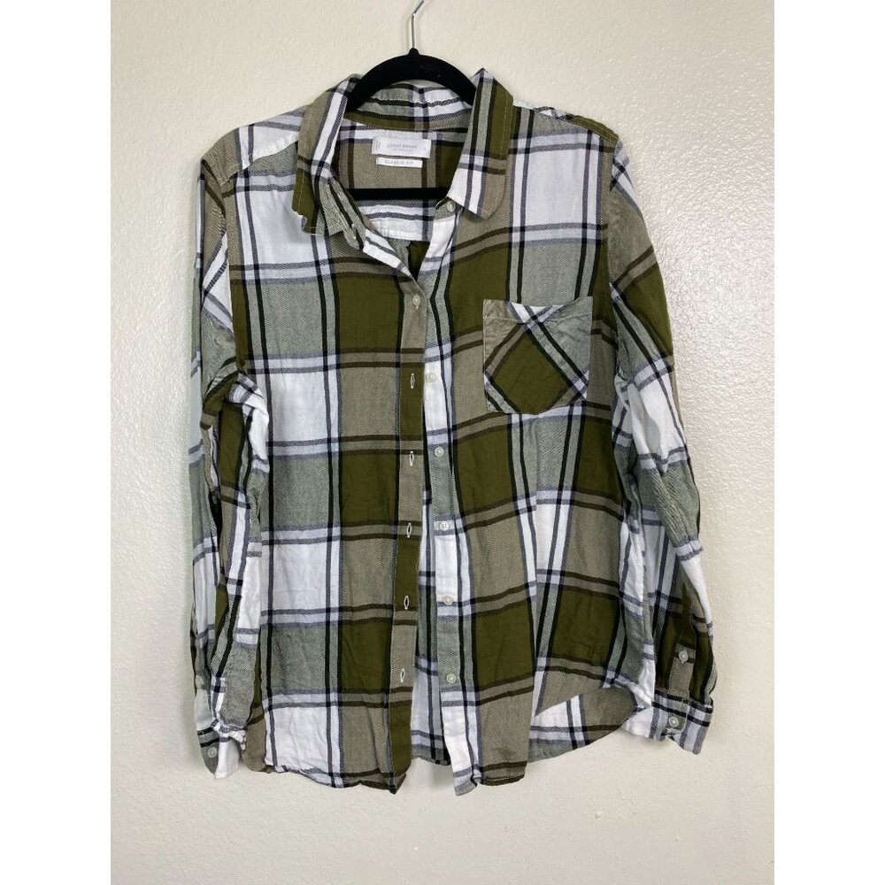 Lucky Brand Green White Plaid Button Up Long Sleeve Shirt Top Women size Large